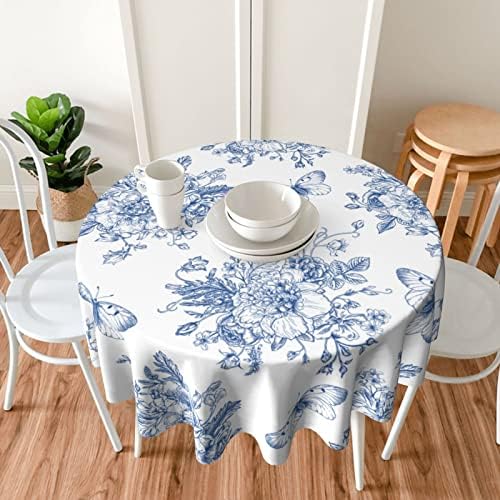 כחול פרפר פרחוני עגול מפת שולחן 60 אינץ חווה כפרי מפת שולחן אביב קיץ שולחן בד, פרח חיצוני ומקורה שולחן