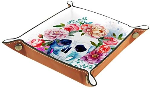Lyetny Watercolor גולגולת פרחים מארגן מגש אחסון מיטה ליד מיטה קאדי שולחן עבודה מגש החלפת ארנק מפתח קופסת