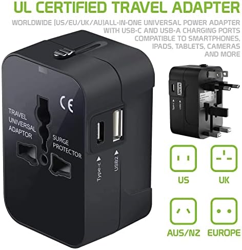 Travel USB פלוס מתאם כוח בינלאומי התואם לסמסונג N9000 לכוח עולמי לשלושה מכשירים USB Typec, USB-A לנסוע