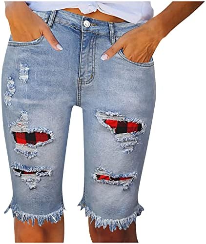 מכנסיים קצרים של ג'אן LMDUDAN לנשים עם מותניים גבוהות מכווץ מכוסה גולמי מקורם גולמי חתוך מכנסי ג'ינס