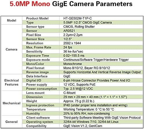 Hteng Vishi Gigabit Gige Ethernet 5.0MP 1/2.5 Monochrome Rolling Shutter Machine Camer