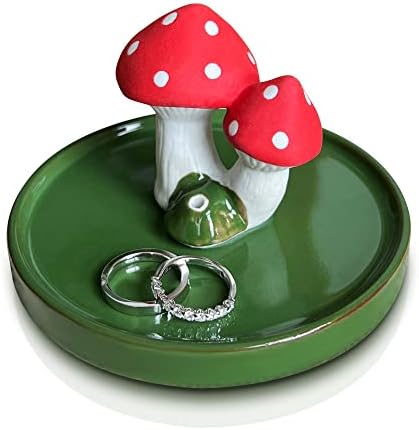 חמוד פטריות קרמיקה תכשיטי מגש טבעת צלחת, צמיד מחזיק טבעת מחזיק עם מזלזל ירוק צלחת, חג המולד מתנת יום
