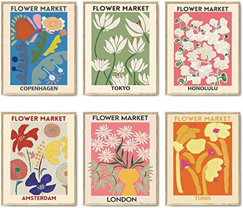 סט פוסטר של שוק הפרחים של 6, שוק פרחים קיר קיר אמנות פרחים פוסטר פוסטר לונדון טוקיו קופנהגן פרחים קיר