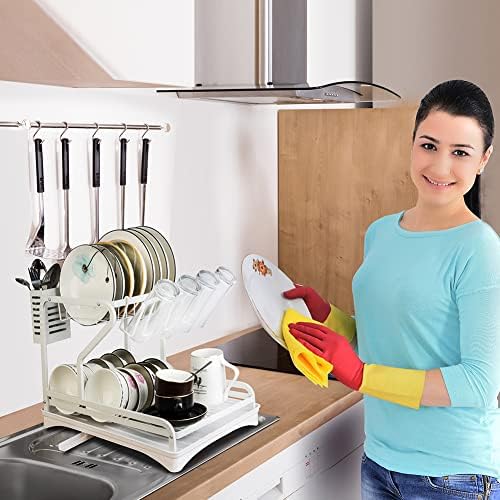 מתלה לייבוש כלים לדלפק מטבח, מעל מארגן אחסון הכלים בכיור, סט ניקוז מתלה דו-שכב