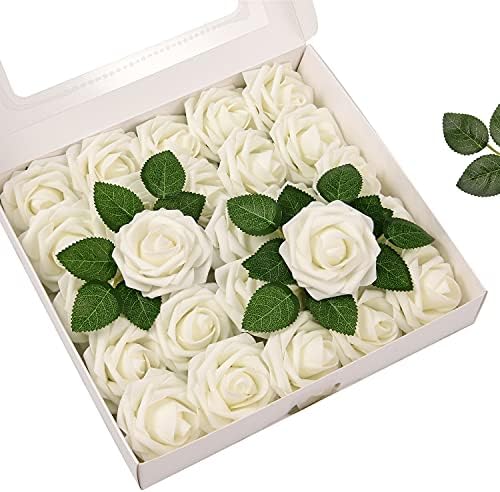 ורדים מלאכותיים יפהפיים בעבודת יד 25 לקופסה עם 8 סטים של עלים. פרחים מזויפים עם גבעול תיל 3 , 8, פרט