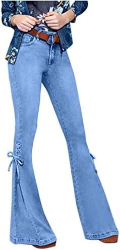 OMBMUT תחרה לנשים במעלה פעמון מכנסי הג'ינס בג'ינס אמצע מותניים נמתחים סקיני מג'ינס מתלקחות מכנסי רגל