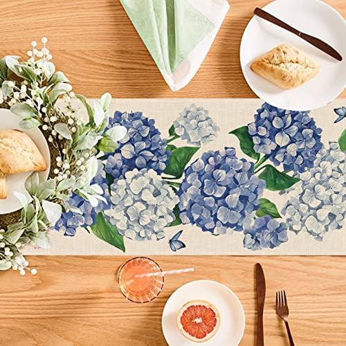 סליאם אביב הידראנגאה פרחים פרחוניים רץ לשולחן, פרפר כחול עיצוב שולחן אוכל למטבח, קישוט בית יוטה קיץ