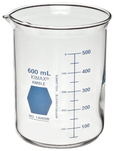 KIMBLE 14000R-600 זכוכית צורה נמוכה כוס גריפין עם סולם קיבולת כפול, מרווח סיום 50-500 מל, קיבולת 600