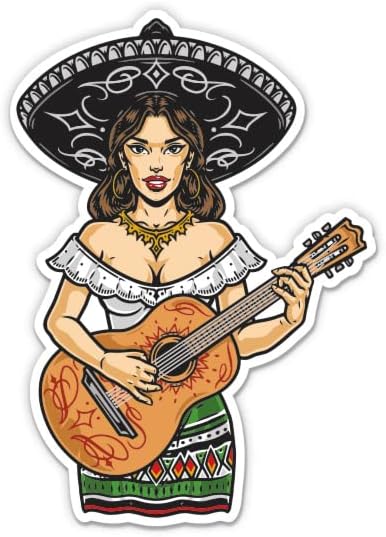 ילדה מקסיקנית סקסית עם גיטרה סומבררו - מדבקת ויניל 5 - למחשב נייד לרכב I - מדבקות אטומות למים