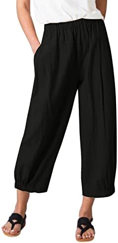 מכנסי פשתן של Grge Beuu לנשים בצבע אחיד תפור מותניים אלסטיים ישר מכנסיים קצוצים במותניים קצוצים מכנסי