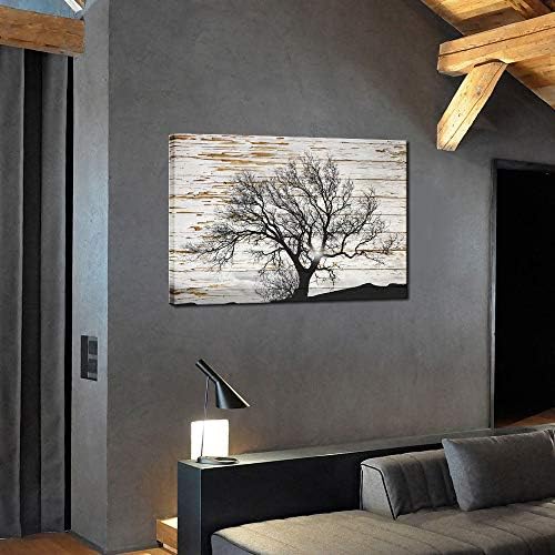 Sechars - עץ שחור ולבן בזריחה על רקע כפרי מעץ בד הדפס נוף חורפי תמונה הדפסי בד.