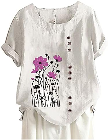 נשים פרחי חולצות כפתור למטה קיץ רופף בכושר חולצות כותנה פשתן עגול צוואר יוצא קצר שרוול מתגנדר חולצות