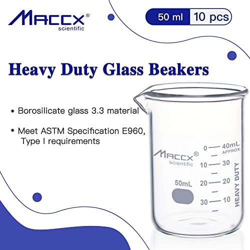 MACCX 1.7OZ כוסות זכוכית משודרגות חדשות, סט כוסות מעבדה כבד, 3.3 בורוסיליקט עם סולם כפול, חבילה של 10,