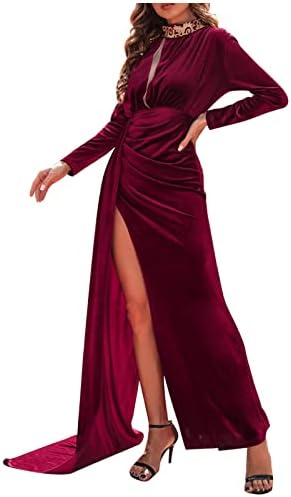 נשים פורמליות שמלת ערב אלגנטי ארוך שרוול קטיפה גבוהה פיצול בת ים המפלגה שמלות גבוהה מותן כפפות רטרו