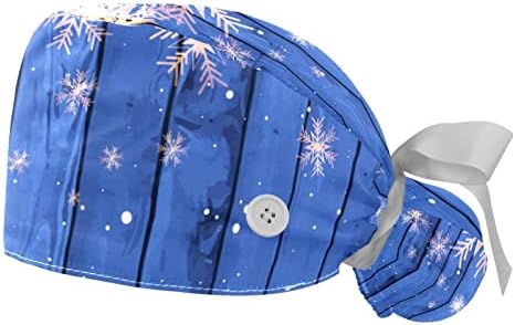 כובעים רפואיים לנשים עם כפתורים שיער ארוך, כובע עבודה מתכוונן 2 חלקים, פתיתי שלג לחג המולד על עץ כחול