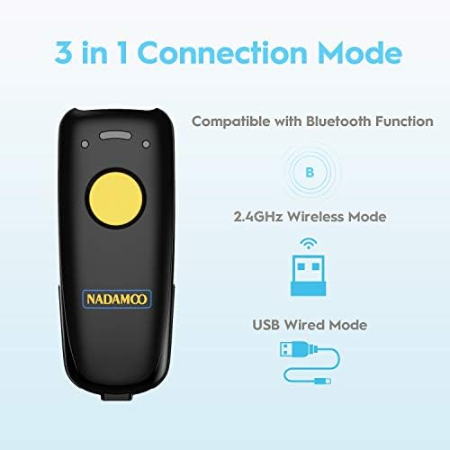 Nadamoo 2D סורק ברקוד אלחוטי תואם ל- Bluetooth, סורק קוד QR נייד USB 1D 2D למלאי, קורא תמונות ברקוד
