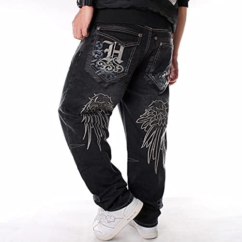 מכנסי סקייטבורד אופנה של Ruiatoo Mens מכנסיים סקייטבורד מנח רקמה רחבה ג'ינס היפ הופ ג'ינס מכנסיים שחורים